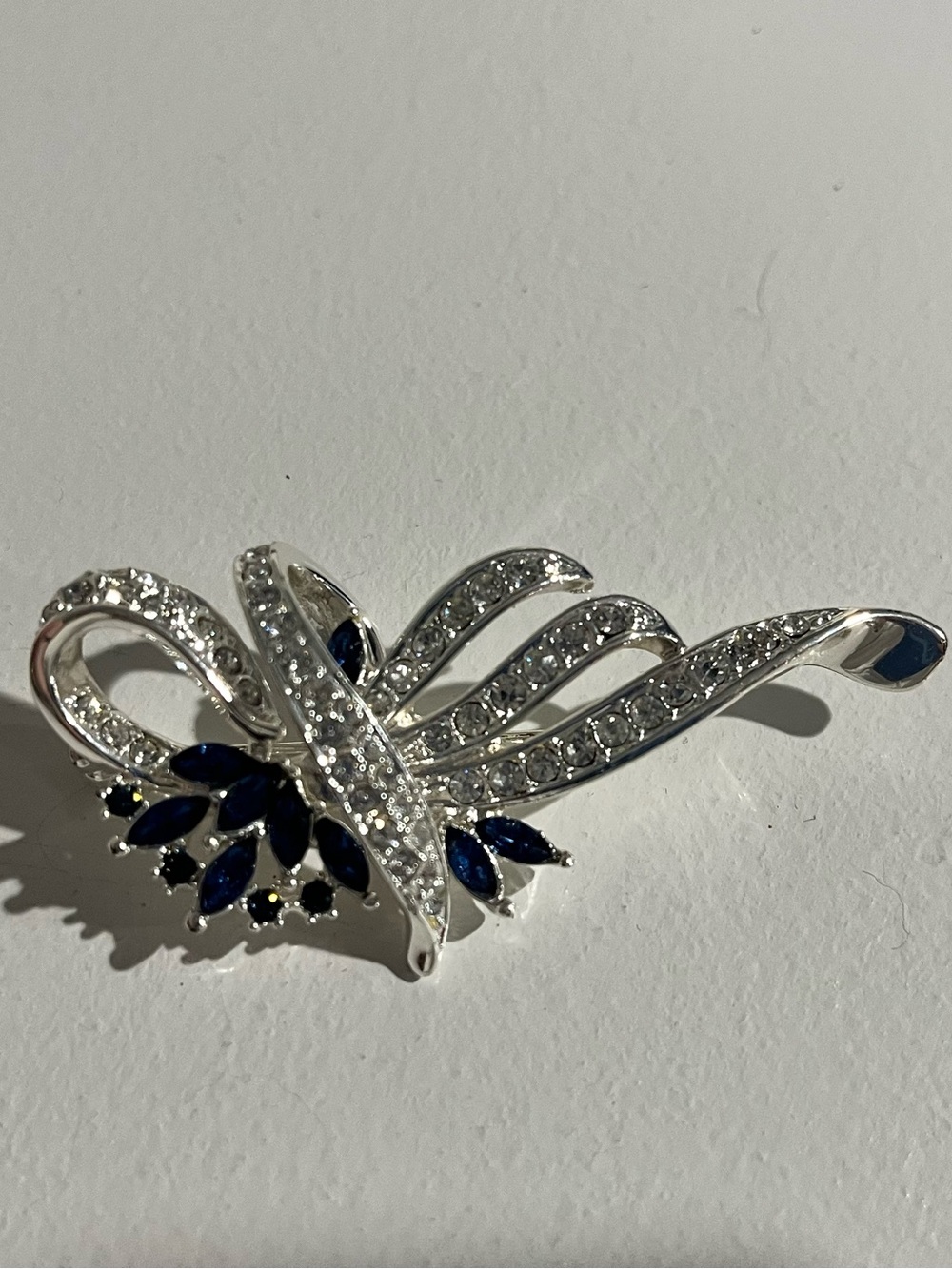 Silver-Tone Crystal & Navy Blue Floral Brooch